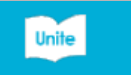 blue and white image with a book and the word unite
