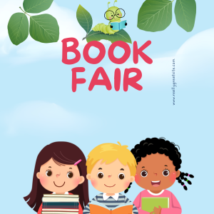 three students holding books under book fair text