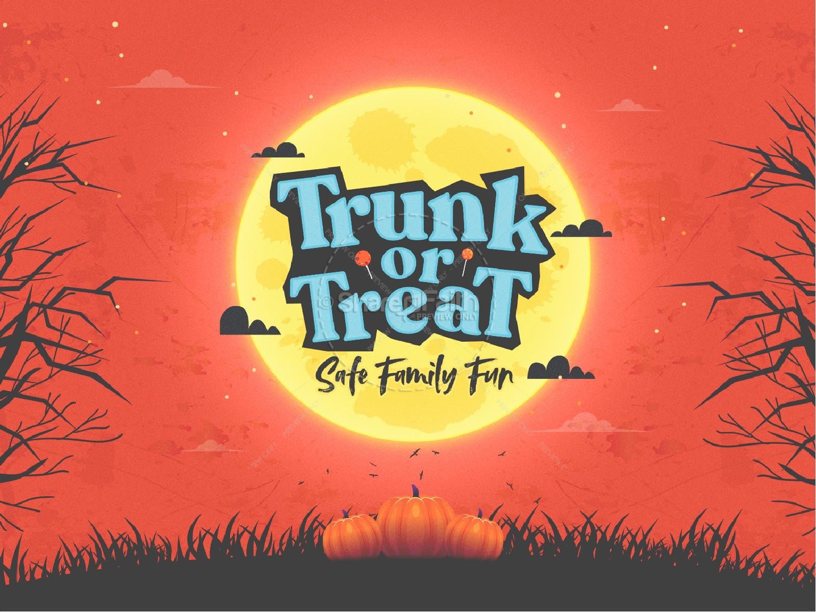 orange fall sky, pumpkins, and the text Trunk or Treat